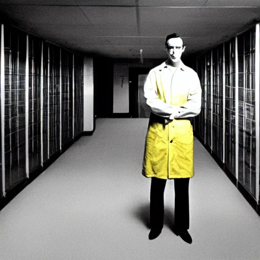 Prompt: a 1 9 5 0 s male scientist wearing a lab coat standing lost in the backrooms, mono - yellow old moist carpet, empty liminal space, very dark shadows, broken fluorescent lighting, horror movie scene, film grain