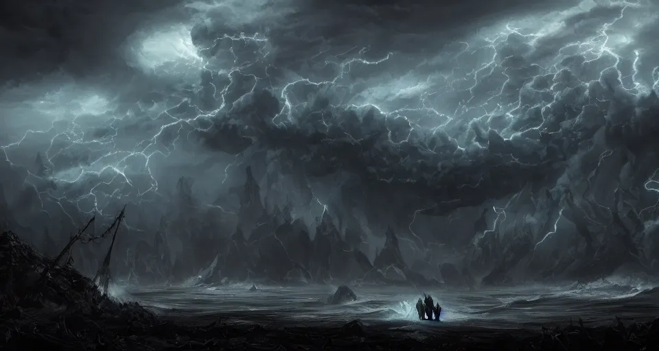 Prompt: black covered in lovecraftian eldritch!! giant creature!! wrapped in clouds on a black desert, being found by explorers, snowy, windy, by eugene von guerard, ivan shishkin, night, lightning!!, storm!, dramatic lighting, concept art, trending on artstation, 8 k