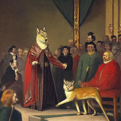 Prompt: an oil painting!!!!!!!!!!! of a king lynx in court circa 1800,