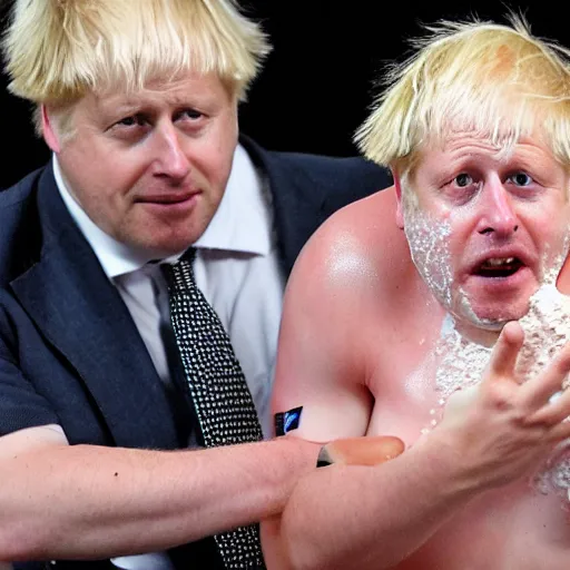 Prompt: boris johnson covered in milkshake, very sad and angry hd press conference