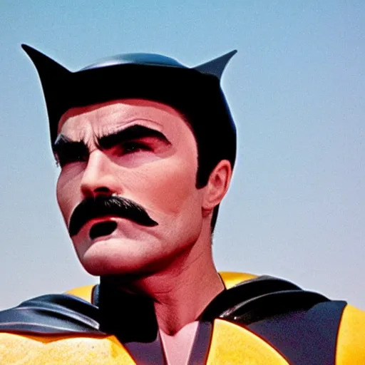 Image similar to Burt Reynolds as Batman, hyperrealistic, cinematic still