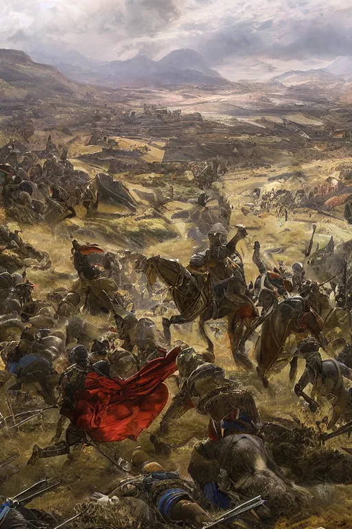 Image similar to An extremely beautiful wide view of a battlefield showing the Spanish empire overcoming the moors, re-conquest of Córdoba, Spanish flag, historical, regal, digital art painting, smooth, sharp focus, award winning picture, extremely detailed masterpiece, sense of awe, featured on Artstation, Artgerm, extremely detailed battlefield, hills background, atmospheric lightning, highly detailed illustration highlights, concept art, Exquisite matte painting, 8K detail post-processing