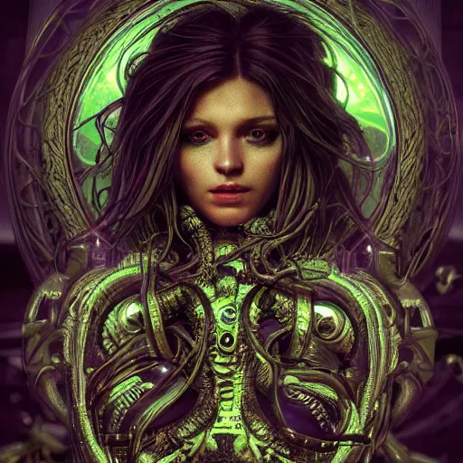 Prompt: Cyberpunk medusa, dark atmosphere, cinematic shot, intricate, ornate, photorealistic, ultra detailed, realistic, 35mm, photography, neon, octane, high definition, depth of field, bokeh, 8k, artstation, ((alphonse mucha)), ((hr giger))