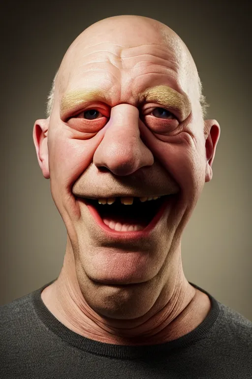 Prompt: studio portrait of man that looks excactly like homer simpson, lookalike, as if homer simpson came to life, soft light, black background, fine details, close - up, award winning photo by martin schoeller