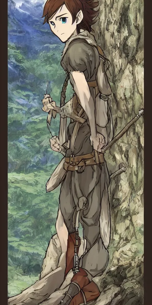 Image similar to an wood elf boy getting ready for an high fantasy adventure on the mountain side, anime style, tarot card,