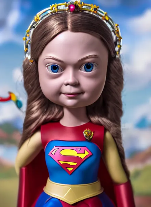 Image similar to closeup face profile portrait of a tin toy greta thunberg as supergirl as a fairytale princess wearing a crown, bikini, depth of field, zeiss lens, detailed, fashion photoshoot, by nicoletta ceccoli, mark ryden, lostfish, breathtaking, 8 k resolution, extremely detailed, beautiful, establishing shot, artistic, hyperrealistic, octane render
