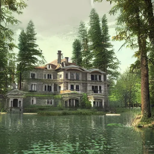 Prompt: old mansion in the woods beside a lake, artstation