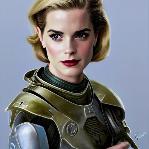 Image similar to A combination of Grace Kelly's and Emma Watson's and Ashley Greene's appearances with blonde hair wearing Master Chief's armor, full body portrait, D&D, fantasy, intricate, elegant, highly detailed, digital painting, artstation, concept art, matte, sharp focus, illustration, art by Donato Giancola and James Gurney