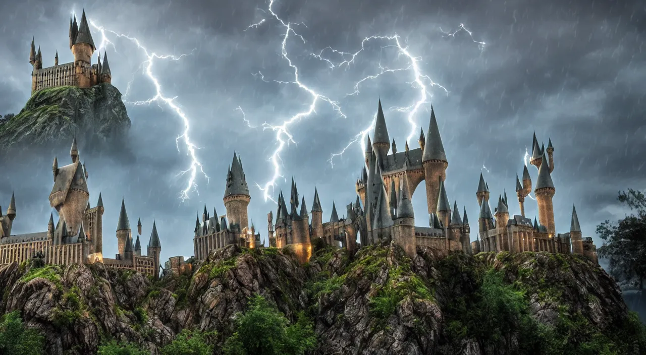 pc background, 4 k, hogwarts castle and lightning, Stable Diffusion