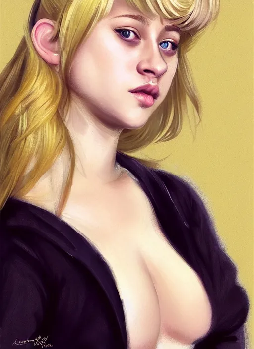 Image similar to full body portrait, teenage lili reinhart, blonde hair, obese, bangs, ponytail, sultry, realistic, sultry smirk, fluffy bangs, curly bangs, fat, belly, intricate, elegant, highly detailed, digital painting, artstation, concept art, smooth, sharp focus, illustration, art by wlop, mars ravelo and greg rutkowski