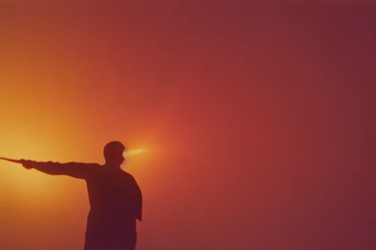 Prompt: backlit photograph of black box blasting weird energy into suburban living room, single silhouette figure, crisp focus, 3 5 mm ektachrome