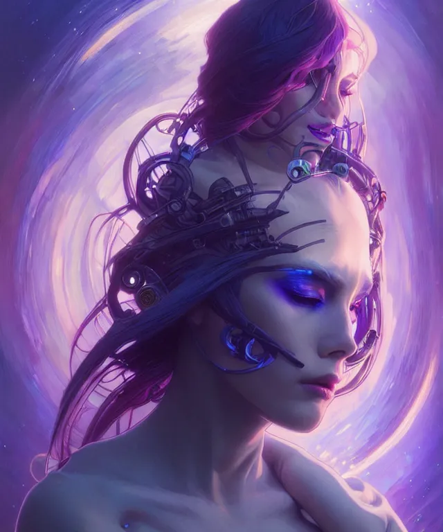 Prompt: Synthesizer and drum machine musician, sci-fi, fire eyes, face, blue and purple hair, fantasy, intricate, elegant, highly detailed, digital painting, artstation, concept art, smooth, sharp focus, illustration, art by artgerm and greg rutkowski and alphonse mucha