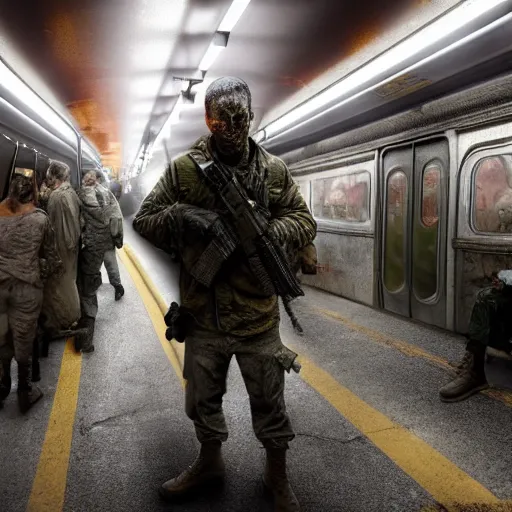 Image similar to an modern soldier in a new york subway in a zombie apocalypse, au naturel, hyper detailed, digital art, trending in artstation, cinematic lighting, studio quality, smooth render, unreal engine 5 rendered, octane rendered, art style by klimt and nixeu and ian sprigger and wlop and krenz cushart