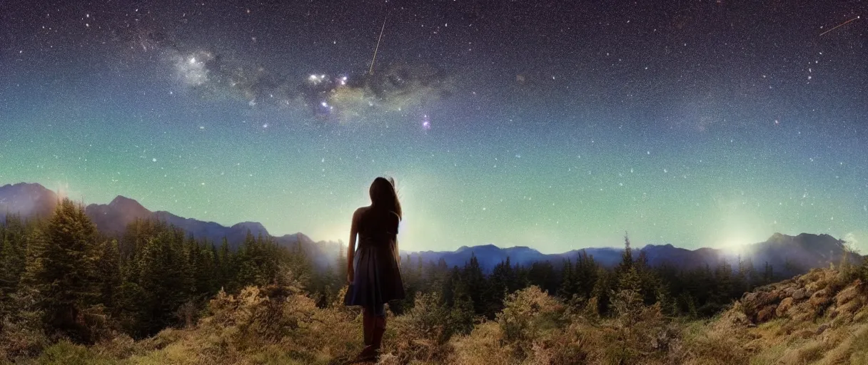 Prompt: digital photography of a ultra detailed night sky with constellations, focused detailed very beautiful native American girl with short hair , Perseides meteor shower, ultra detailed hill top over behind a forest with a magic blue lake, large mountains in back, concept art, low angle, high detail, warm lighting, volumetric, vivid, beautiful, trending on artstation, by Jordan Grimmer, no focus, huge scene, ultra detailed trees, F11 aperture, in the style of JIM RICHARDSON