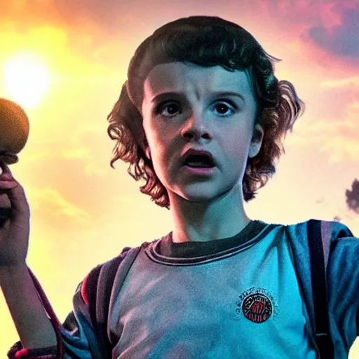 Image similar to Eleven from Stranger Things using her powers on the Statue of Liberty HD hyper detailed photorealistic