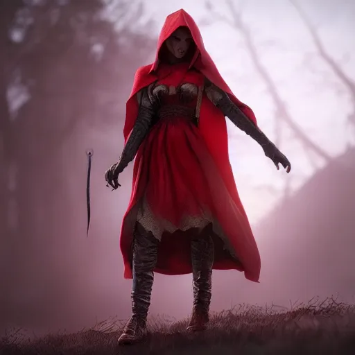 Image similar to red riding hood warrior, highly detailed, 4k, HDR, award-winning, octane render, artstation