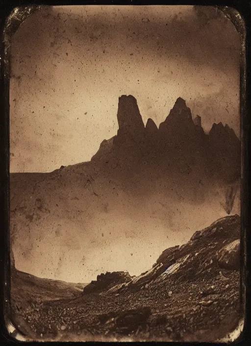 Image similar to old wetplate daguerreotype landscape of the high hills in the sun with black metal monoliths, dubbel negative exposure, explosion of data fragments, fractal, intricate, elegant, highly detailed, parallax, leica, medium format, subsurface scattering, by jheronimus bosch and greg rutkowski and louis jacques mande daguerre