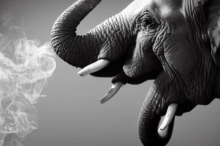 Prompt: ultra realistic photography, picture of ( subject : an elephant blowing smoke ). the scene is set in a gentlemens cigar lounge, a very smokey atmosphere, small thick clouds of cigar smoke, artstation, focus on the elephant, extremely detailed and crisply sharp photo, hyperrealistic smoke, figma, sigma, 4 k