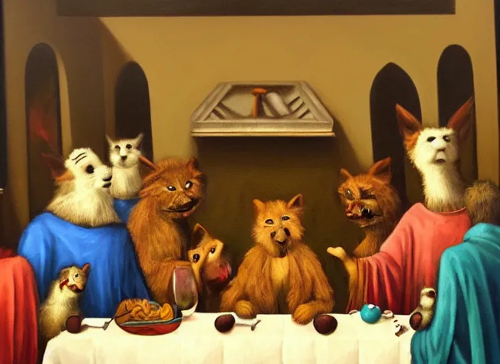 Prompt: furry last supper, oil painting