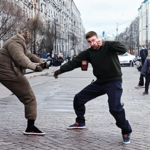 Prompt: gopnik squating in the street in Russia