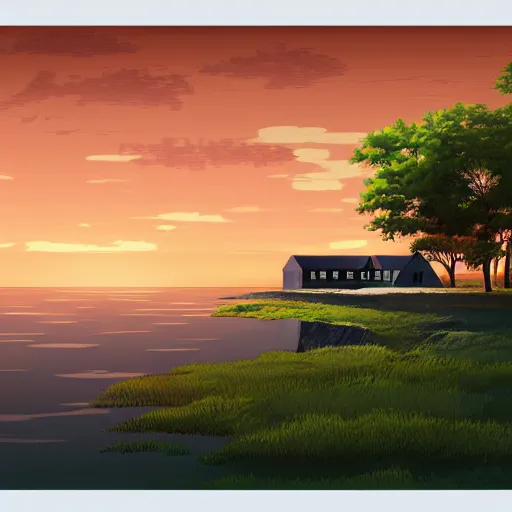 Image similar to a serene landscape with a singular house near a river at sunset, anime style, low saturation, calm, high quality