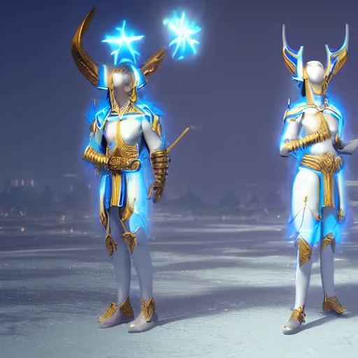 Prompt: lumineth realmlords elves, warrior, white and gold and blue, full body portrait, hyperrealistic, white city background, octane render