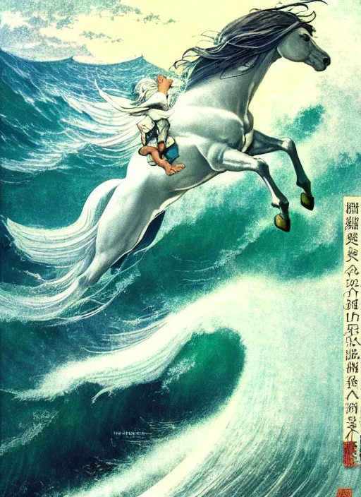 Image similar to pegasus running through ocean wave, exquisite details, denoised, mid view, byi by alan lee, norman rockwell, makoto shinkai, kim jung giu, poster art, game art