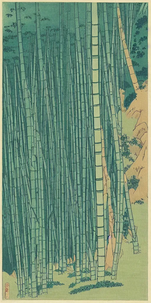 Prompt: a minimalist picture of a beautiful and magical bamboo forest landscape, by hokusai