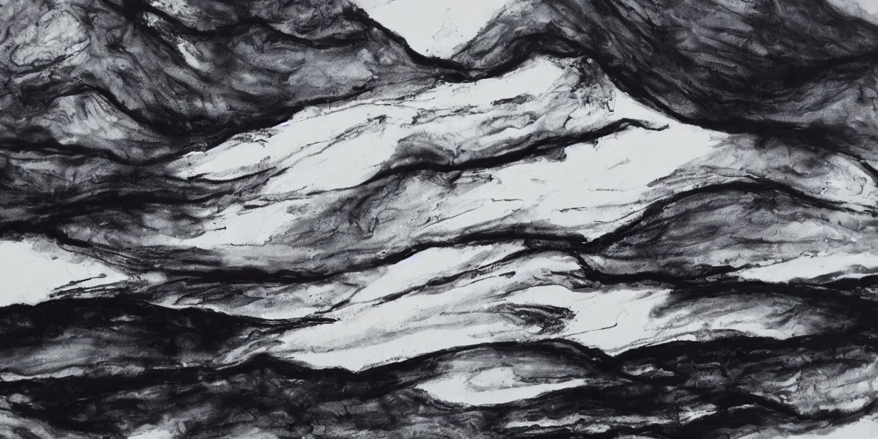 Prompt: laurentian mountains in winter, semi - abstract black ink landscape painting