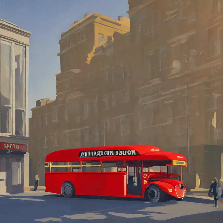 Image similar to London bus, painted by Edward Hopper, painted by James Gilleard, airbrush
