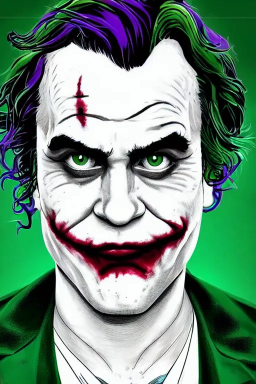 Image similar to new joaquin phoenix joker comic panel, remove duplicate content!!!!, violet polsangi pop art, gta chinatown wars art style, bioshock infinite art style, incrinate, realistic anatomy, hyperrealistic, green and purple color, white frame, content balance proportion