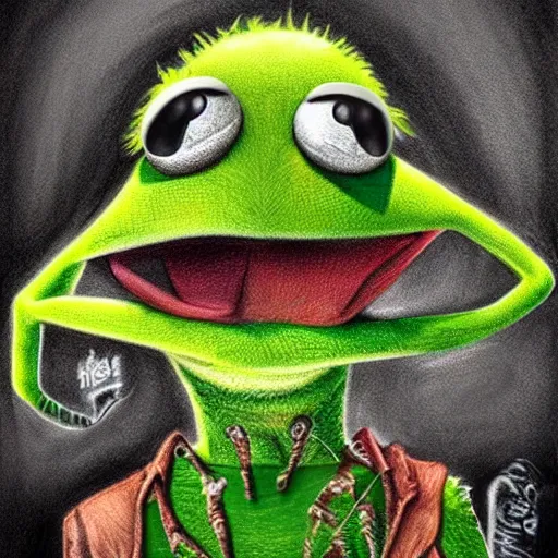 Image similar to surrealism grunge cartoon portrait sketch of Kermit The Frog, by michael karcz, loony toons style, freddy krueger style, horror theme, detailed, elegant, intricate