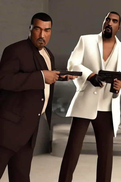 Image similar to hyperrealistic cinematic portrait of chow yun - fat and kanye west, wearing tuxedos, shooting guns in a quentin tarantino movie, 8 k, pulp fiction style, unreal engine