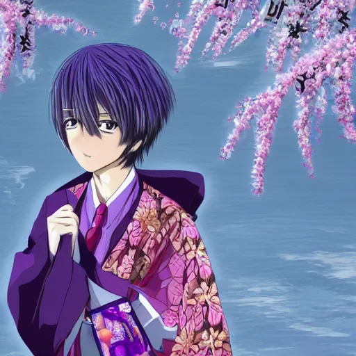 Image similar to anime teenager boy with straight indigo hair, purple eyes with red eye markers, slim body, wearing a detailed Japanese kimono, holding a japanese fan, Super-Resolution, HSL, 2-bit, VR, Uniform, Nano, Senary, RTX, insanely detailed and intricate, hypermaximalist, elegant, ornate, hyper realistic, super detailed, full body, full body shot, full image