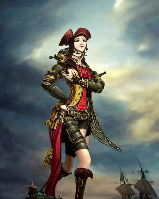 Image similar to a beautiful 2D illustration of a young female steampunk pirate wearing leather armor on gold and red trimmings on green, very cool pose, pirate ship with an epic sky background, slightly smiling, by Charlie Bowater Annie Leibovitz, zhuoxin ye, cinematic lighting and composition, fantasy painting, very detailed, ornate, trending on artstation and pinterest, deviantart, google images