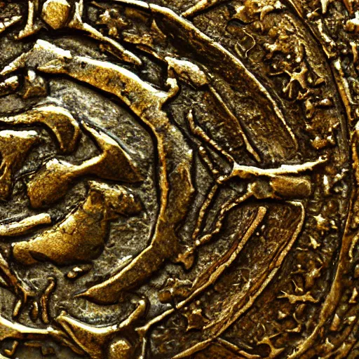 Prompt: medieval coin texture, 4 k, studio lighting, flickr, hyper - detailed