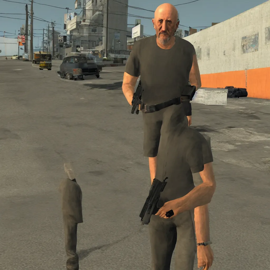 Image similar to Mike Ehrmantraut in Los Santos, screenshot from the PS2 version of GTA San Andreas, orange sky