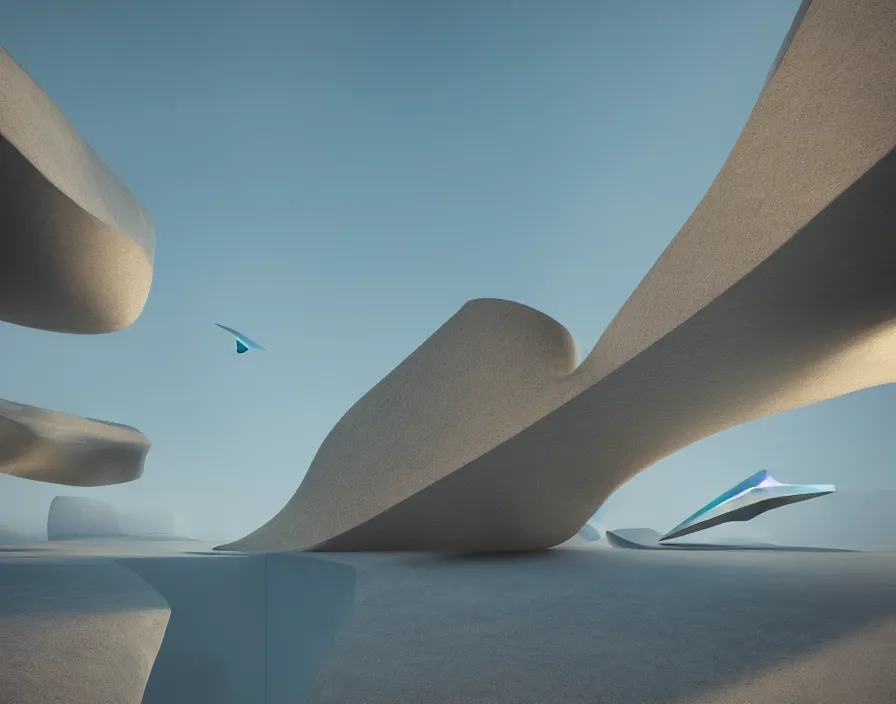 Image similar to transitions between flying rocks. minimalist architecture, zaha hadid, oscar niemeyer, architectural rendering. trending on artstation. vogue magazine. halo. octane rendering, cinematic, hyperrealism, bokeh. iridescent accents. teal gold and blue color scheme