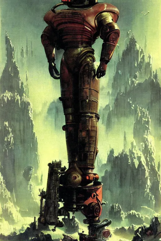 Prompt: pulp scifi fantasy illustration full body portrait of robby the robot, by norman rockwell, jack kirby, bergey, craig mullins, ruan jia, jeremy mann, tom lovell, forbidden planet, monster from the id, 1 9 5 6 movie