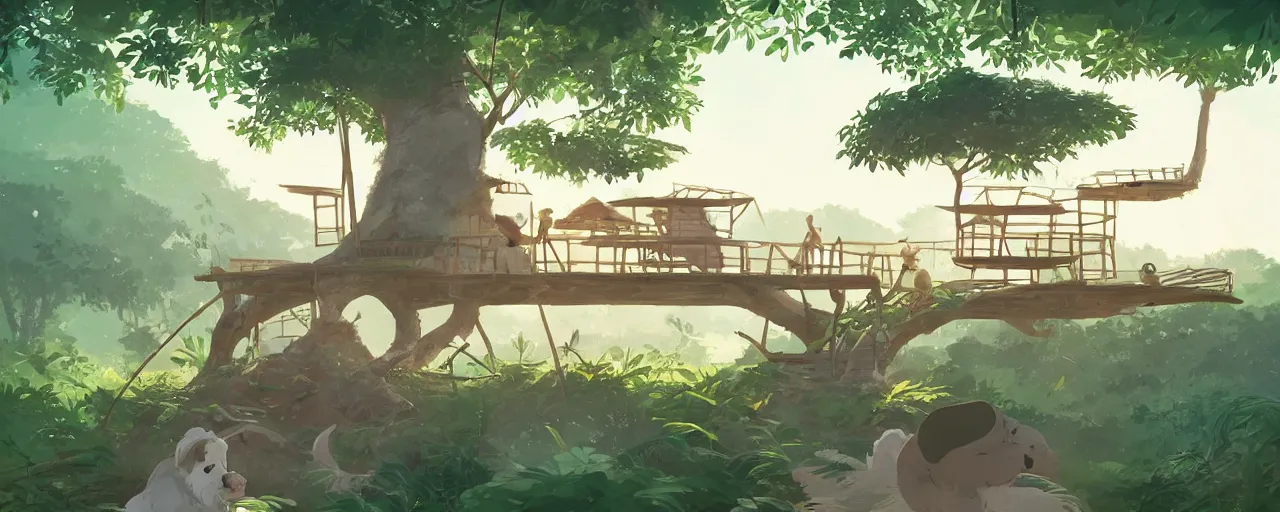 Prompt: a cream - colored havanese dog building a giant tree house next to a tropical beach, atey ghailan, goro fujita, studio ghibli, rim light, exquisite lighting, clear focus, very coherent,