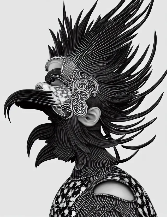 Image similar to 3 d goddess close - up profile simple portrait punk with mohawk with ram skull. beautiful intricately detailed japanese crow kitsune mask and clasical japanese kimono. betta fish, jellyfish phoenix, bio luminescent, plasma, ice, water, wind, creature, artwork by tooth wu and wlop and beeple and greg rutkowski