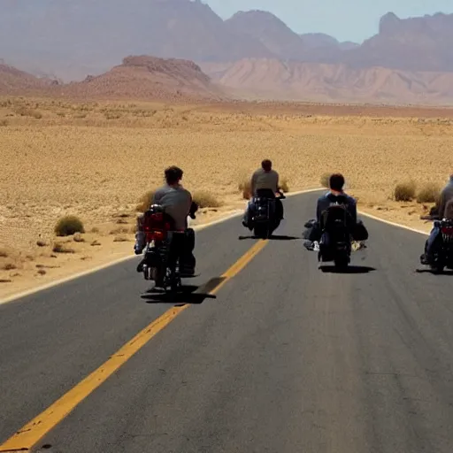 Prompt: hells angels riding ona long road in the desert