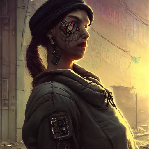 Image similar to A portrait of a cyberpunk thug on the street of a Soviet slum on the moon, Norilsk, sci-fi, fantasy, intricate, very very beautiful, elegant, highly detailed, digital painting, artstation, concept art, smooth, sharp focus, illustration, art by artgerm and greg rutkowski and alphonse mucha