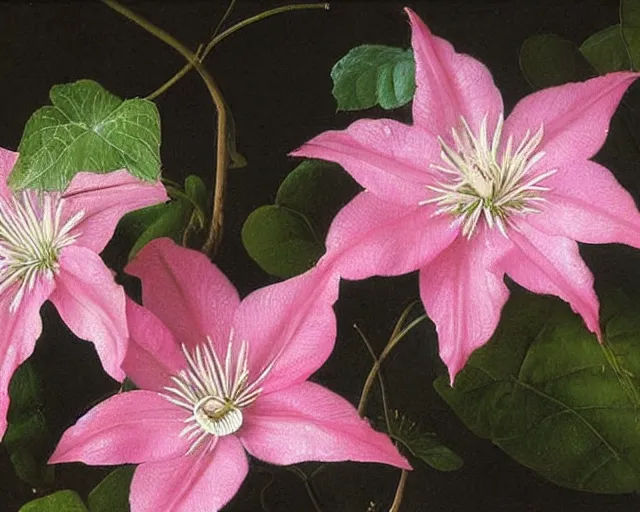 Prompt: pink dripping clematis, beautiful oil painting by ambrosius bosschaert