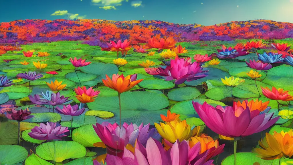 Image similar to digital illustration of a field of multi - colored megaflora lotus flowers by dr. seuss, reimagined by ilm and beeple : 1 | spectral color, electric color, rolling hills : 0. 9 | fantasy : 0. 9 | unreal engine, deviantart, artstation, hd, 8 k resolution : 0. 8