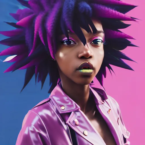 Image similar to portrait of black anime manga girl, throwing punch pose towards camera, french bob hair, white hair, wearing camo, by gustave dore, vaporwave colors, lofi colors, vaporwave, lofi, goth vibe, 4 k, smooth, hd, substance designer render, full body character concept art, 2 point lighting,