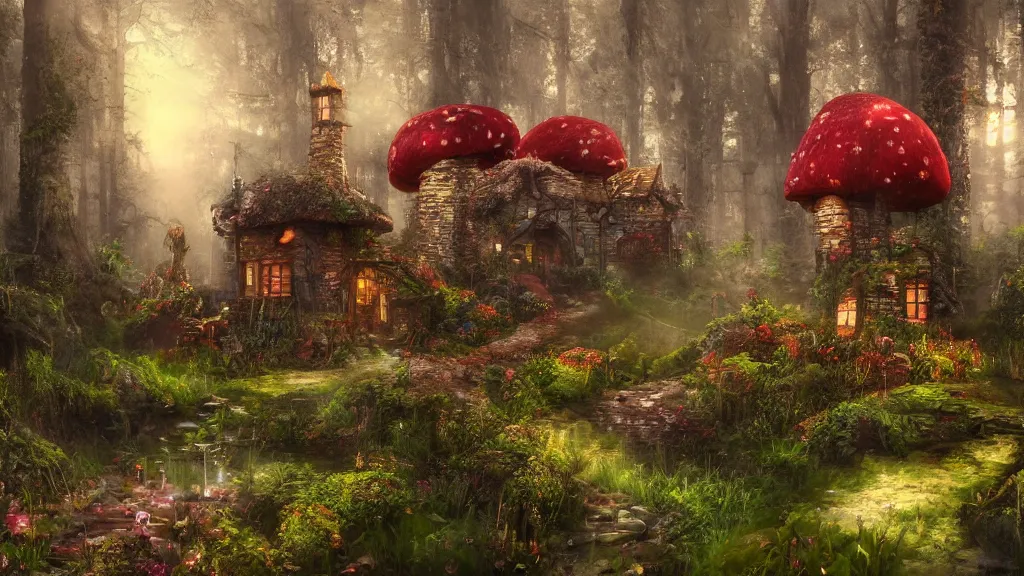 Image similar to fantasy multistory red toadstool cottage growing in magical forest, foggy atmosphere, volumetric lighting, fantasy artwork, very beautiful scenery, very realistic painting effect, hd, hdr, unreal engine 5, cinematic 4k wallpaper, 8k, ultra detailed, high resolution