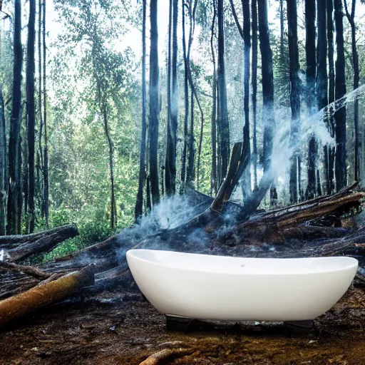 Prompt: pristine porcelain bath filled with bubbles in a clearcut rainforest, slash and burn, cleared forest, deforestation, bubble bath, tree stumps, smouldering charred timber