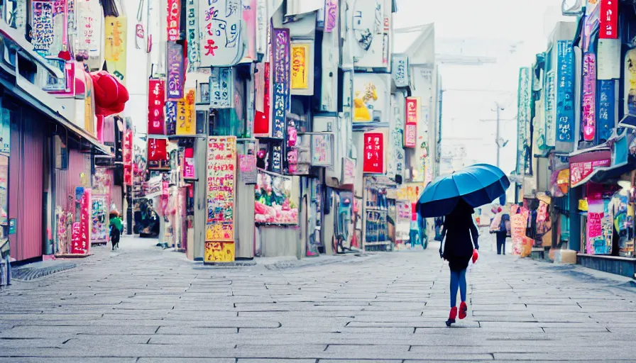 Prompt: a girl with an umbrella walking through a side street in Japn in the style of a 90s sailormoon cartoon, high detail, 8k, high resolution,