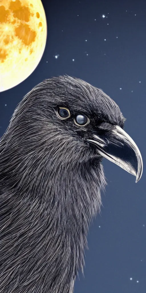 Image similar to close up portrait of one crow in front of the full big moon, fantasy digital art, high definition, 8k, high details, high quality, golden and silver colors, glowing lights in the background